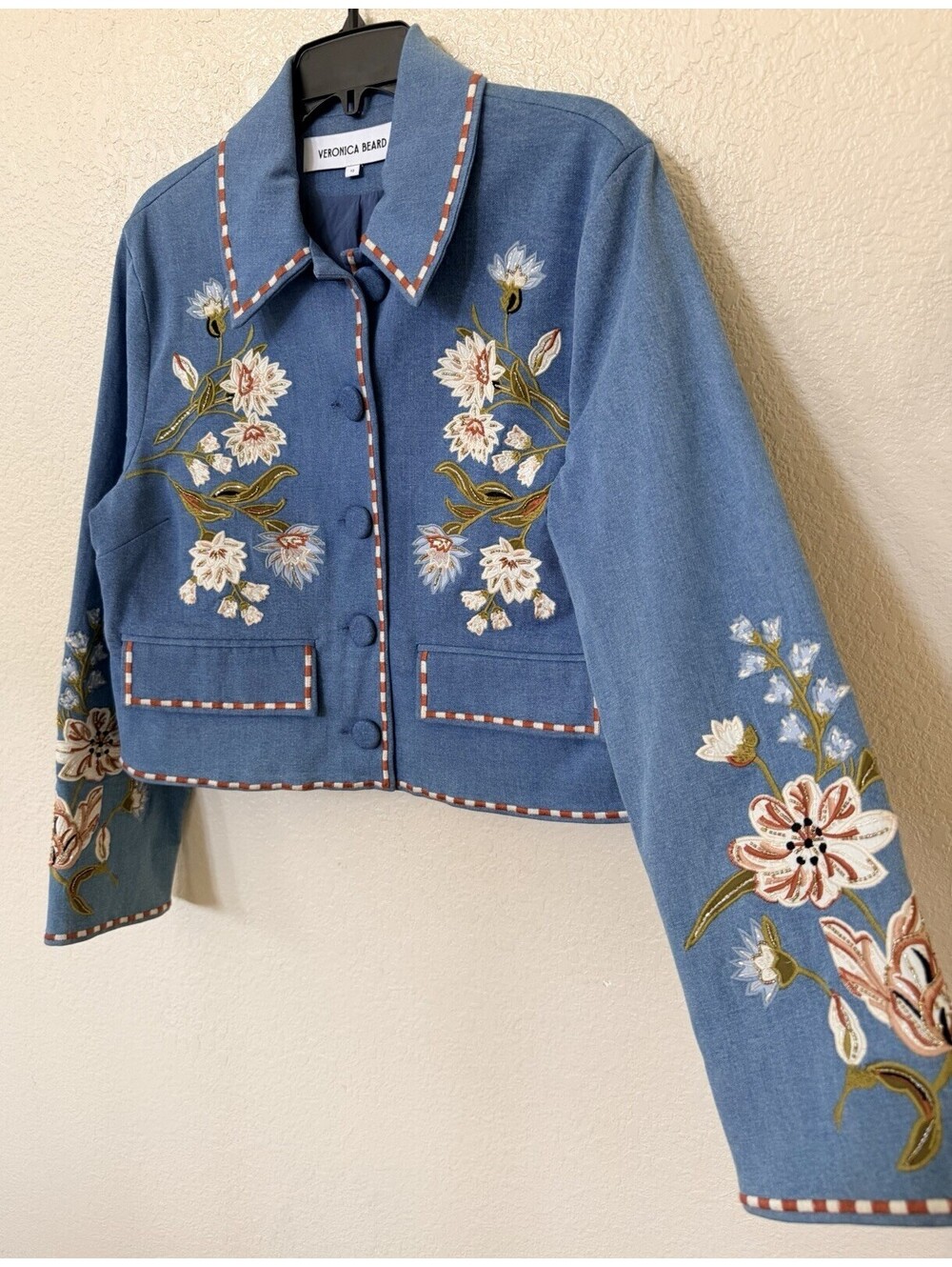 Veronica Beard Vikaria Floral Embroidery Stretch Cotton Jacket Jean Size 12 $898 - Picture 7 of 15